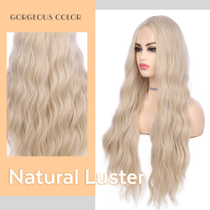 Lady Miranda Long Platinum Blonde Wig 28 Inch Natural Wavy Blonde Wig Middle Part Blonde Lace Wig Synthetic Hair Blonde Wigs for White Women - Image 3